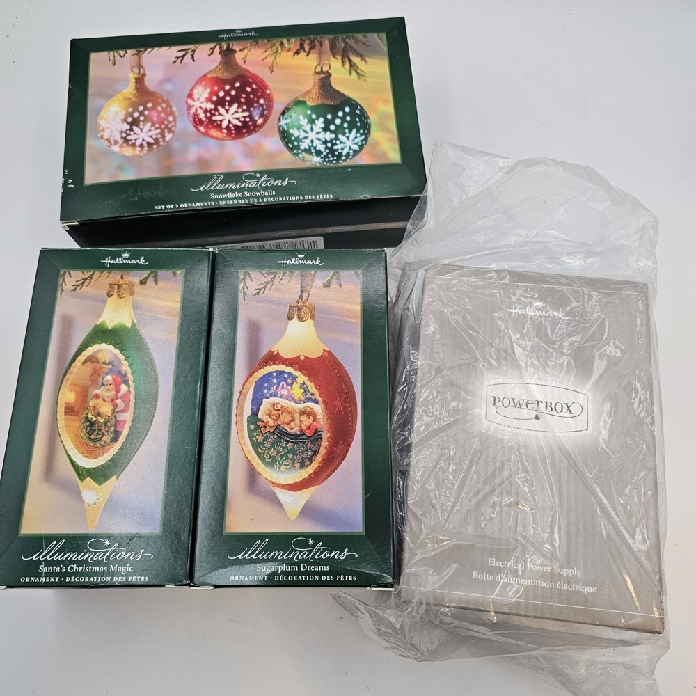 2005 Hallmark Illuminations PowerBox Lot (4 items) Santa Snowflake Ball NIB